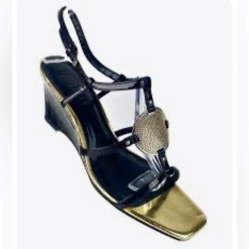Nickels Wedge Heels 8.5 Black Gold Medallion Patent Leather Ankle Strap Dressy
